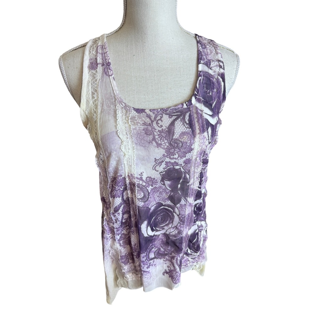 Fang Purple Floral Lace Racerback Tank Top Womens Medium Fairycore Cottagecore